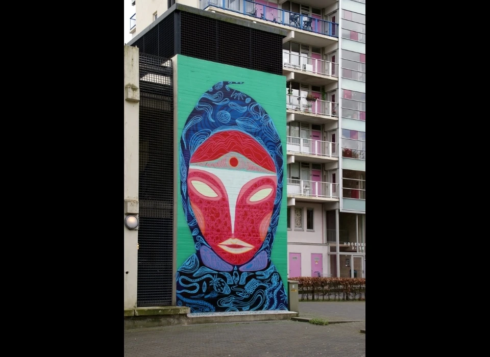 Hogevecht muurschildering op parkeergarage van Rimon Guimarães (2014)