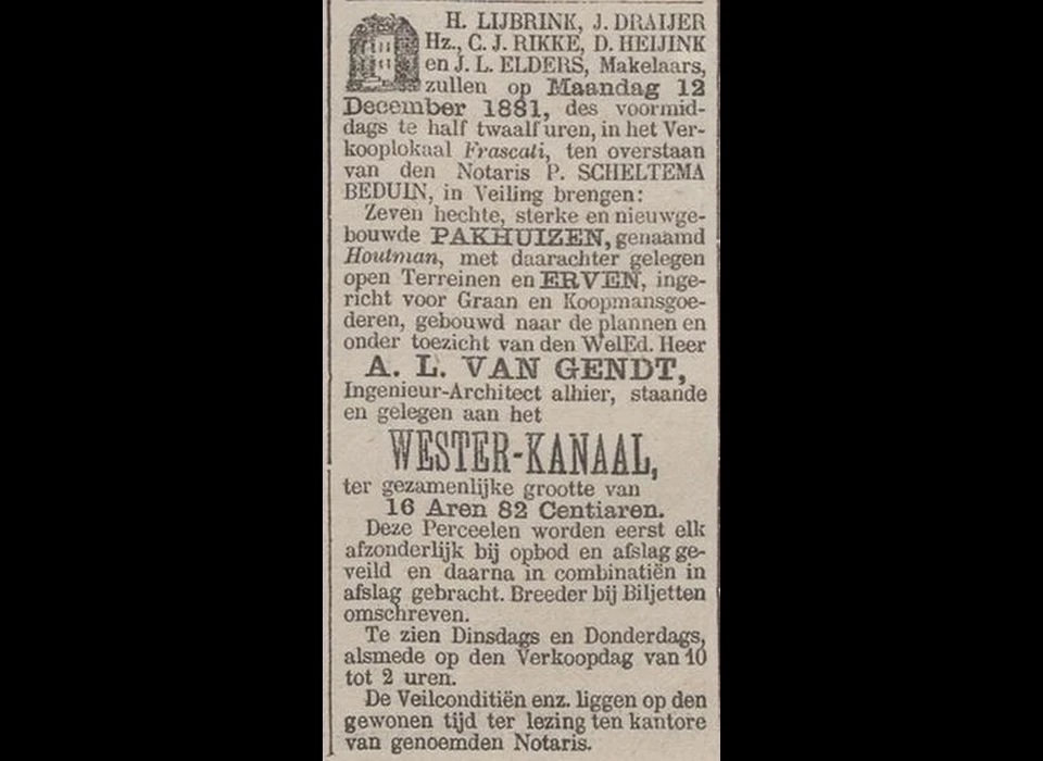 Aankondiging veiling Houtmankade 26-30 op 28 november 1881