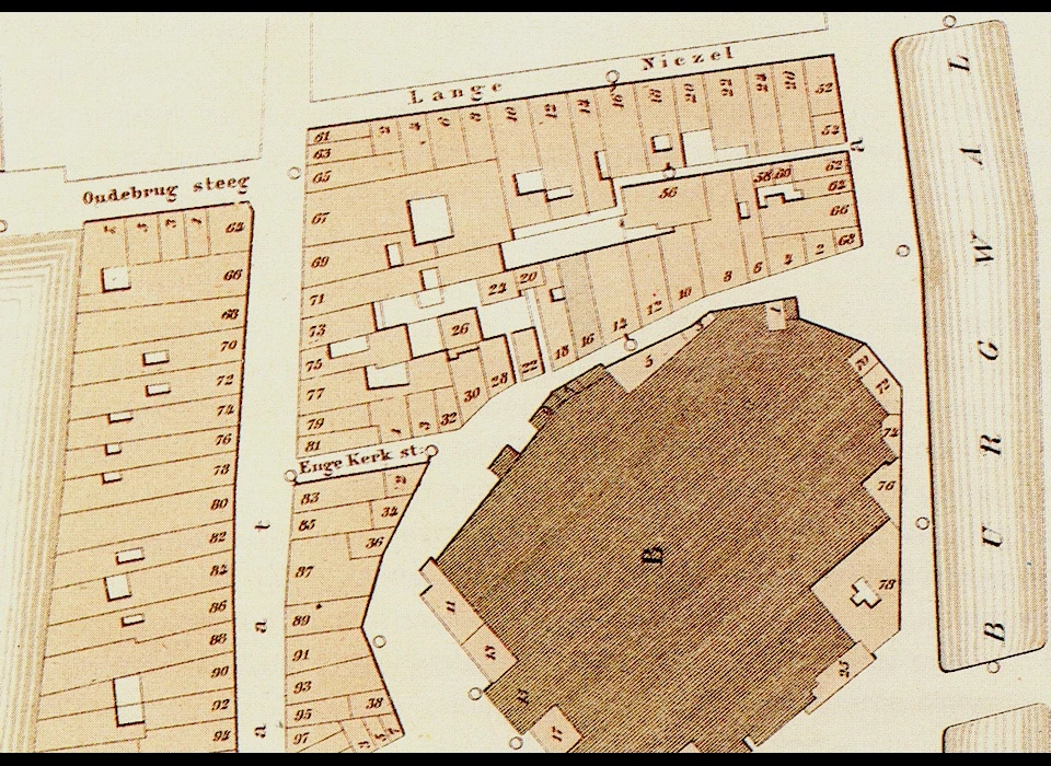 Oudekerksplein e.o. huisnummering na 1876, de nummering is begrijpelijk. Wat op de kaart van voor 1853 nog 1-15 was, 
					  is hier 2-32 geworden