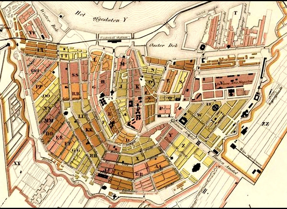 Amsterdam plsttegrond 1872, door eender gekleurde aansluitende vlakken en letter(s) wordt een buurt aangegeven