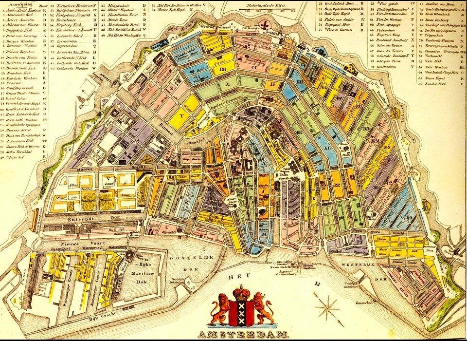 Amsterdam plattegrond 1855, door eender gekleurde aansluitende vlakken en letter(s) wordt een buurt aangegeven