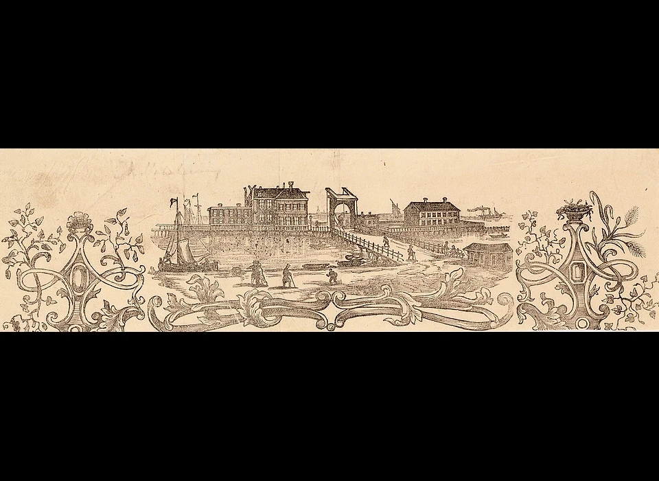 IJ Oude en Nieuwe Stadsherberg gezien van Prins Hendrikkade. De brug werd, met het sluiten van de stadspoorten, opgehaald. (ca.1740)