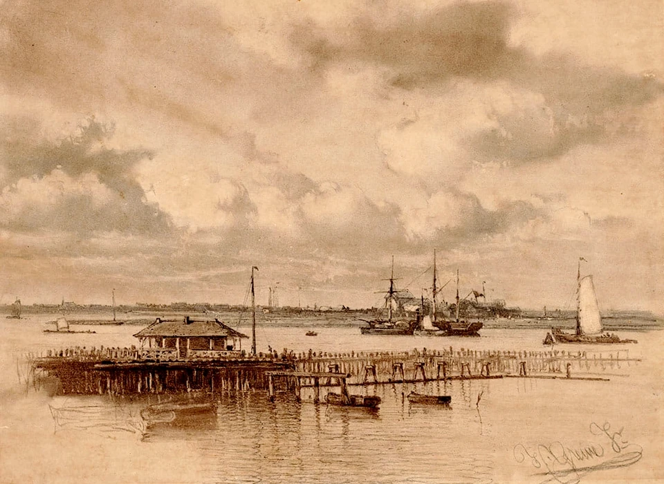 IJ Nieuwebrugsboomhuis op de palenrij voor het Damrak (J.C.Greive jr. (1837-1891), ca.1860)