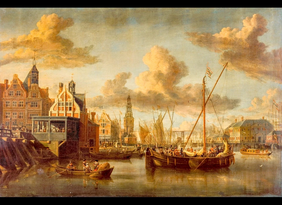 IJ met v.l.n.r. Nieuwe Brug, Paalhuis, Damrak, Haringpakkerstoren en Nieuwe Stadsherberg (Abraham Storck, 1690)
