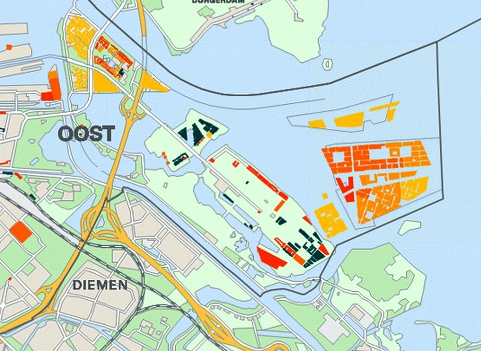 Strandeiland ligt rechts in het midden ten opzichte van de overige IJburg-eilanden