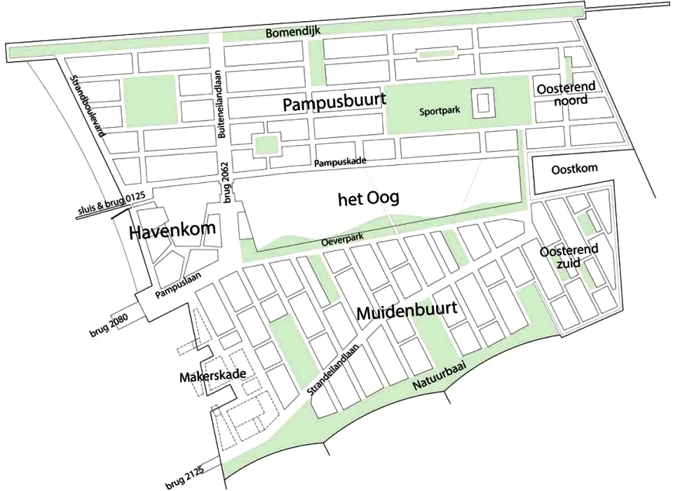 Strandeiland overzichtskaart met buurtindeling (2020)