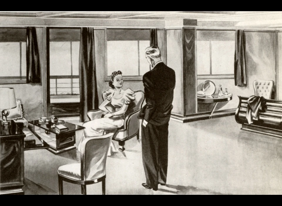 reclameaffiche voor een first class cabine aan boord van ms Oranje van de SMN (1950)