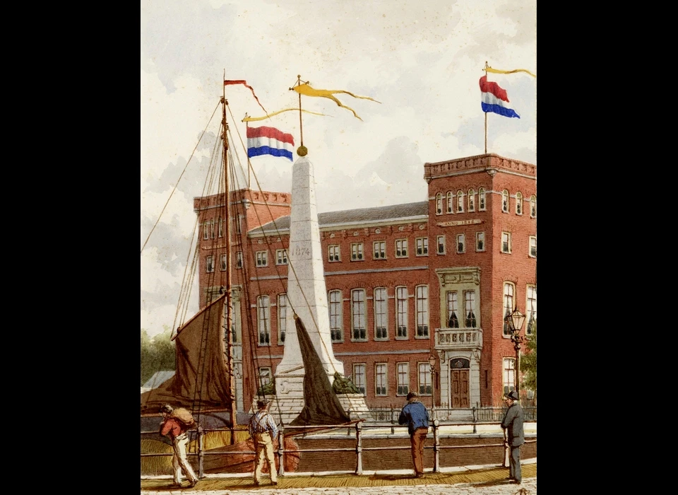 Kadijksplein Gedenknaald (tijdelijk) ter gelegenheid van het 25-jarig regeringsjubileum van koning Willem III (1874)