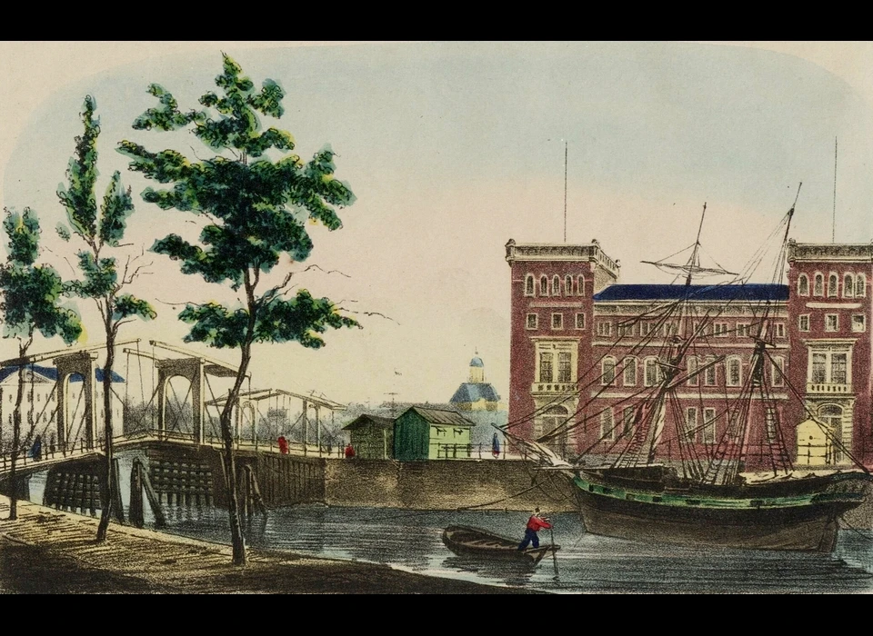 Kadijksplein links de Kortjewantsbrug, midden voorganger van de Kattenburgerbrug, rechts Zeemanshuis (W.Hekking jr. ca.1858)