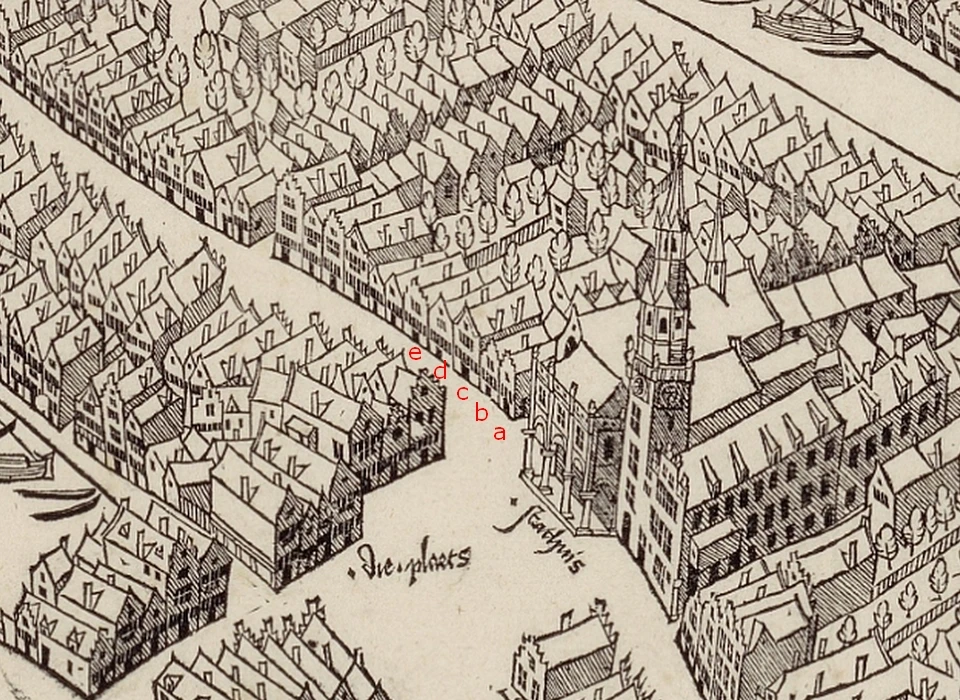 Dam-Kalverstraat 1544 (Cornelis Anthonisz) a De vergulde Ploeg, b De Noordstar, c De Meermin, d De vergulde Eenhoorn, e De drie Kroonen