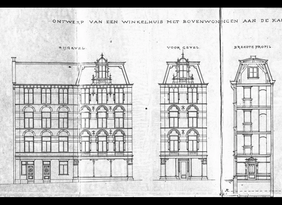 Kalverstraat 128-130 ontwerptekening van architect Jonas Ingenohl (1895)
