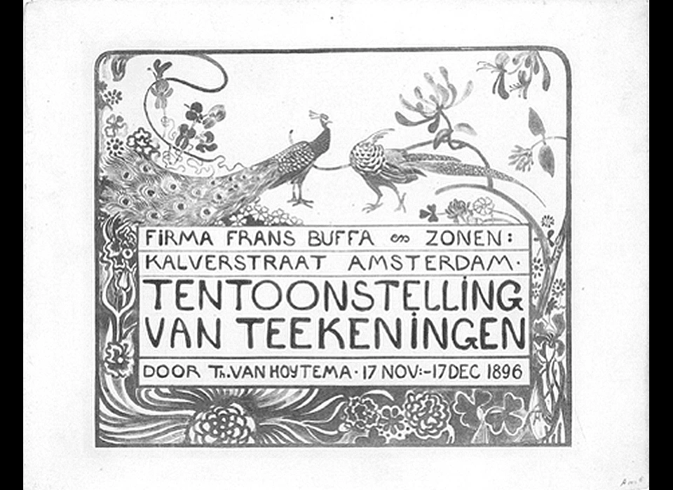 Kalverstraat 39 Reclamekaart betreffende tentoonstelling van tekeningen door Van Hoytema (1896)