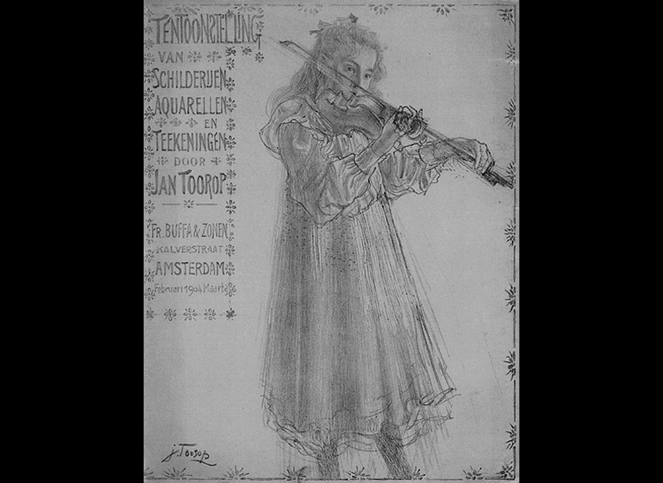 Kalverstraat 39 Omslag van een tentoonstellingscatalogus door Jan Toorop, het meisje met viool is de dochter 
					  van Jan Toorop (1904)