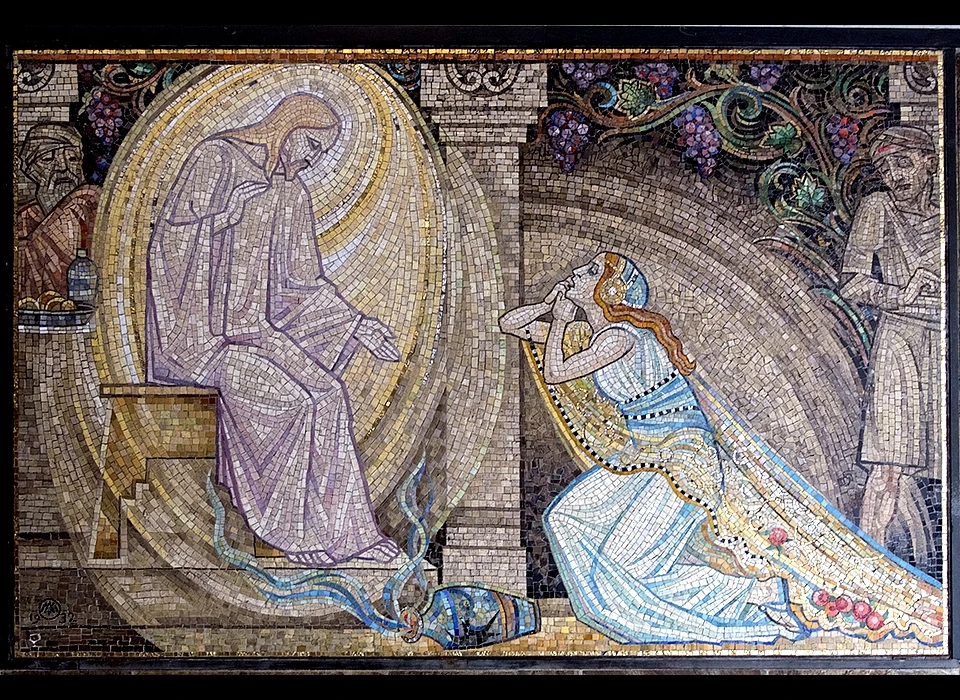 Kalverstraat 58 Petrus en Pauluskerk (de Papegaai) mozaïek 'de boetvaardige Maria Magdalena' door A.Molkenboer in de entree (2012)