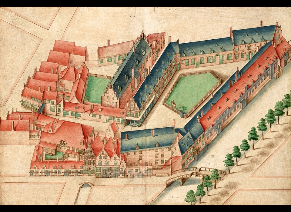 Kalverstraat 84-108 op plattegrond van Balthasar Florisz. van Berckenrode het weeshuis en huizen aan de Kalverstraat (1625)