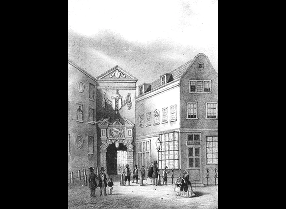 Kalverstraat 90 rechts naast de ingang van het Burgerweeshuis is de kunsthandel Pieter Buffa (circa.1850)