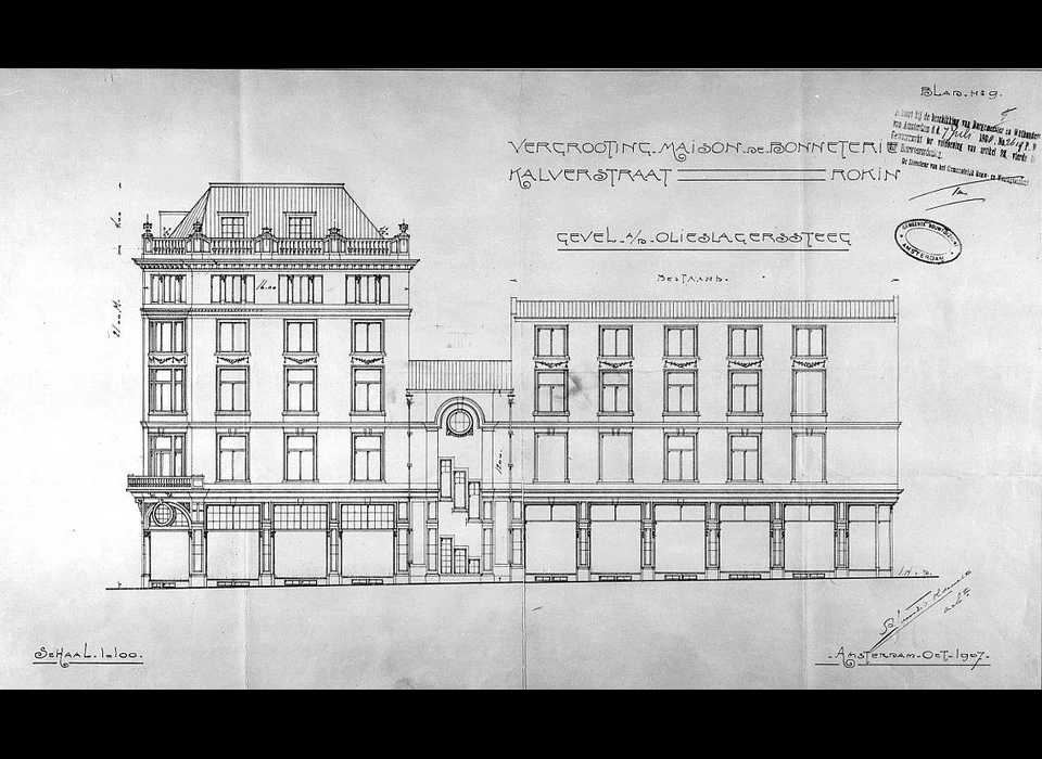Rokin 140 bouwtekening uitbreiding De Bonneterie Kalverstraat-Olieslagerssteeg (1901)