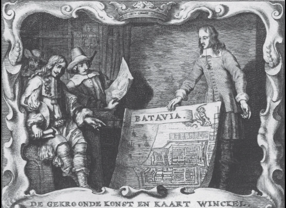 Kalverstraat 10 Adreskaart van De Gekroonde Konst en Kaart Winckel van de kunsthandelaar en prentuitgever Clement de Jonge. (1665)