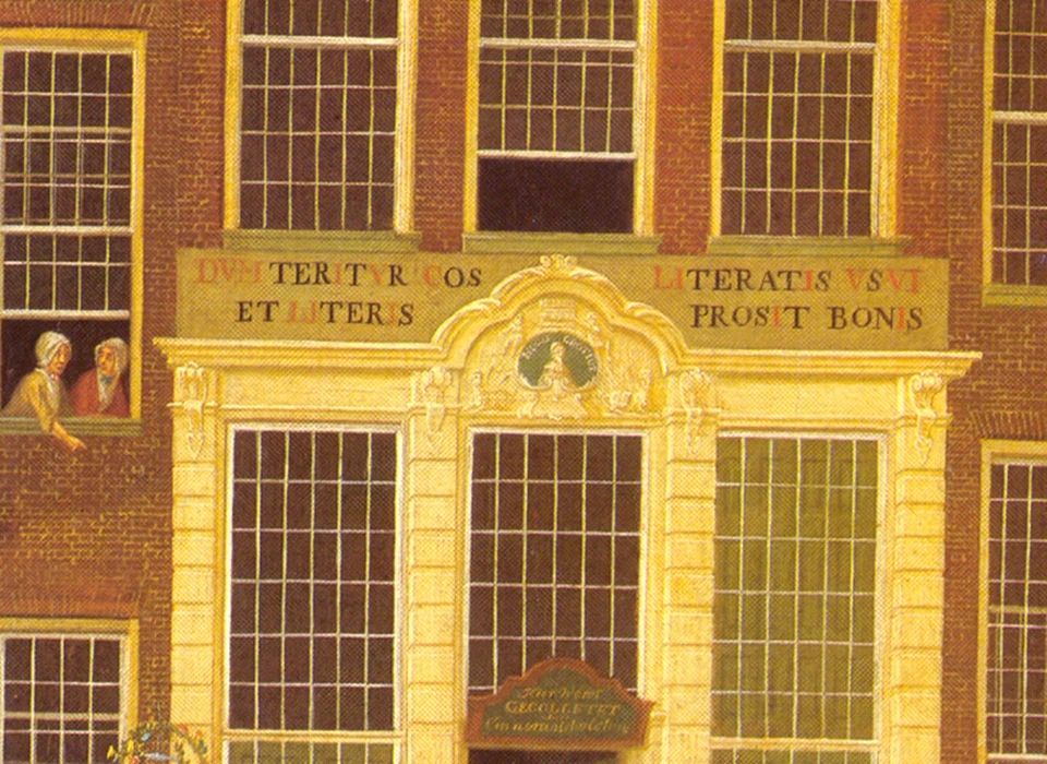 Kalverstraat 10 detail Boekhandel en Loterijkantoor van Jan de Groot door Isaak Ouwater (1779)