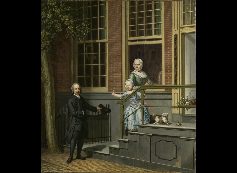 Keizersgracht 187 Jan de Groot en zijn dochtertje Margaretha Elisabeth de Groot, in het raam vermoedelijk zijn zuster 
					  Grietje de Groot (H.Pothoven) (1777)