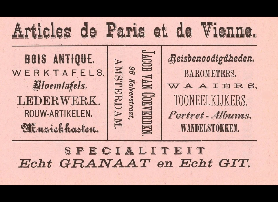 Kalverstraat 96 advertentie van Jacob van Coeverden (1863)