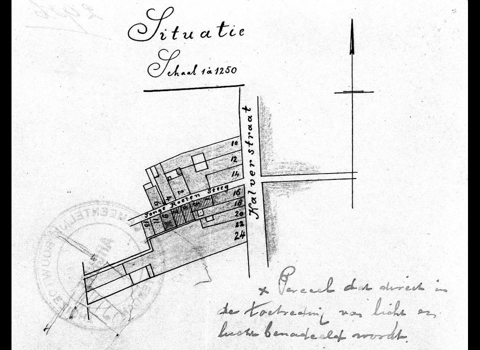 Bouwtekening situatie Kalverstraat en Jonge Roelensteeg (1902)