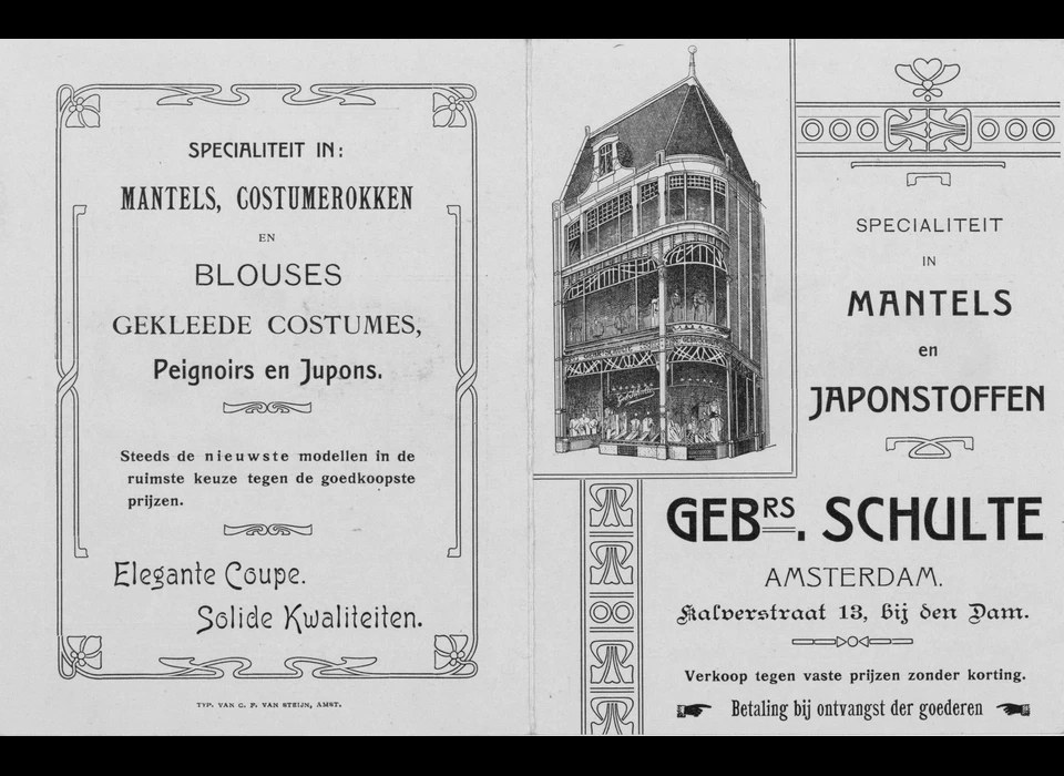 Kalverstraat 13 advertentie modewinkel van Gebroeders Schulte (circa.1910)