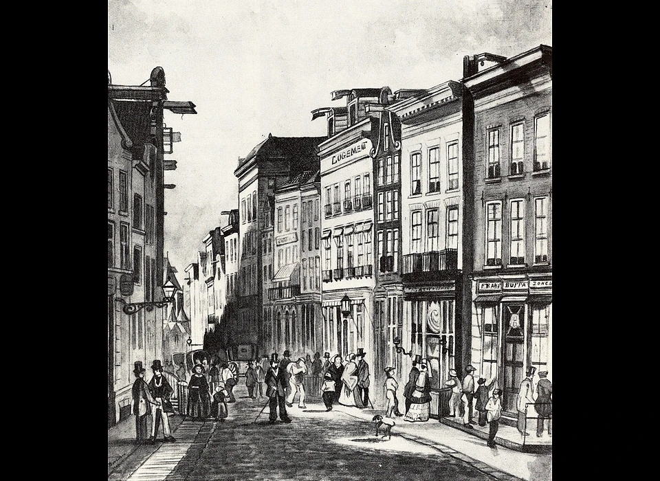 Kalverstraat 13-15 Hotel Polen, de lagere gebouwen met balkon in het midden (1895)