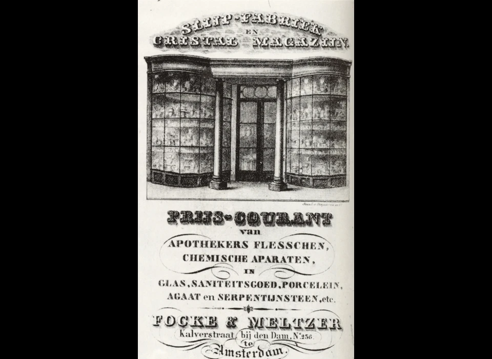 Kalverstraat 13 Focke & Meltzer prijslijst apothekers flessen, chemische apparaten en glaswerk (1860)