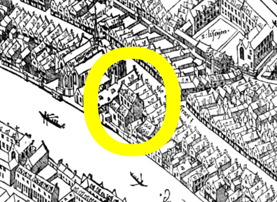 Kalverstraat bij de Heilige Stede. In de cirkel het opvallend hoge achterhuis bij de Moorensteeg, detail houtsnedekaart Cornelis Anthonisz van 1544