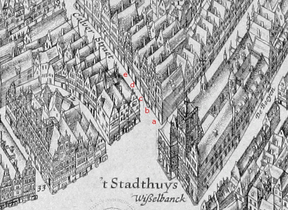 Dam-Kalverstraat 1625 (Van Berckenrode) a De vergulde Ploeg, b De Noordstar, c De Meermin, d De vergulde Eenhoorn, e De drie Kroonen