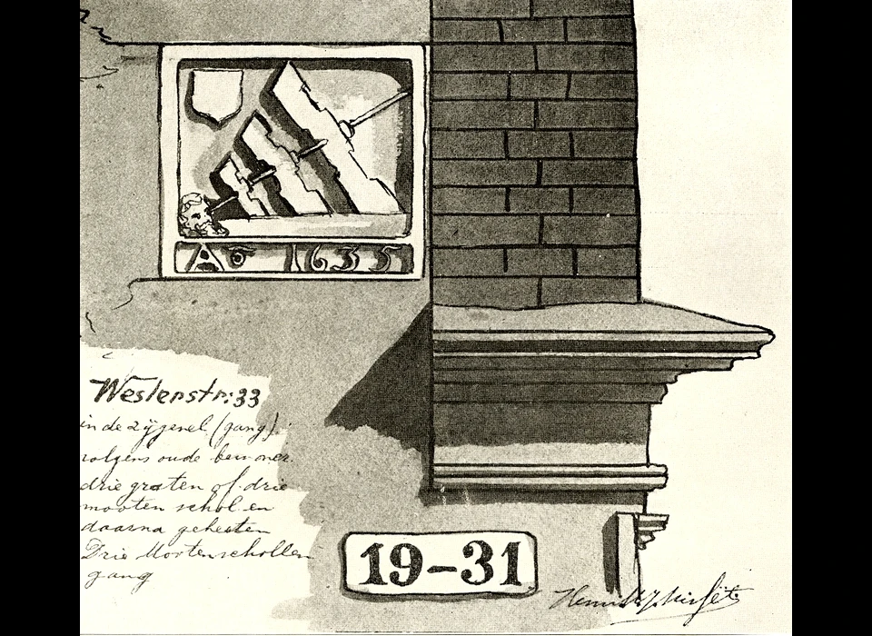 Westerstraat 33 tekening van de gevelsteen met Jacobsstaf op originele plek