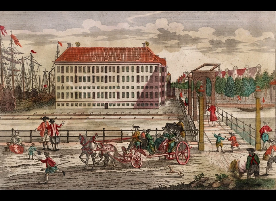 Lands Zeemagazijn vanaf Kadijksplein, zijkant nog zonder middenrisaliet en steunberen (P.van Blankaert 1740)