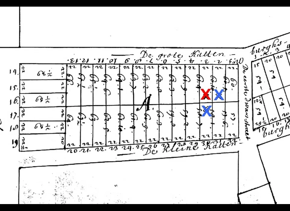 Grote Kattenburgerstraat 32 plattegrond Park A. Het rode kruis is nr.32, de blauwe kruizen zijn de extra aangekochte panden (1660)