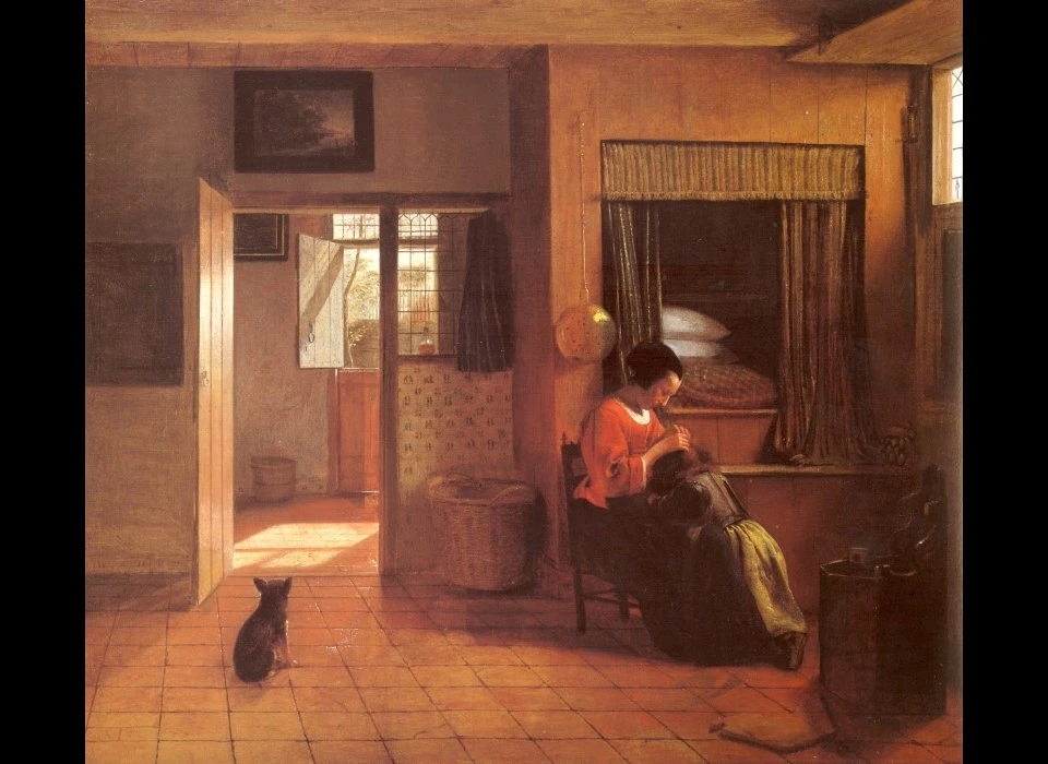 Binnenkamer met moeder die het haar van haar kind reinigt, bekend als 'Moedertaak' door Pieter de Hooch) tussen 1658 en 1660