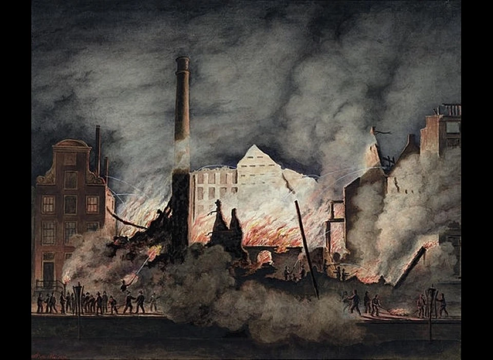 1845 Brand in suikerfabriek Het Paardehoofd van I.H. Rupe en Zoon (tekening B. de Pre)