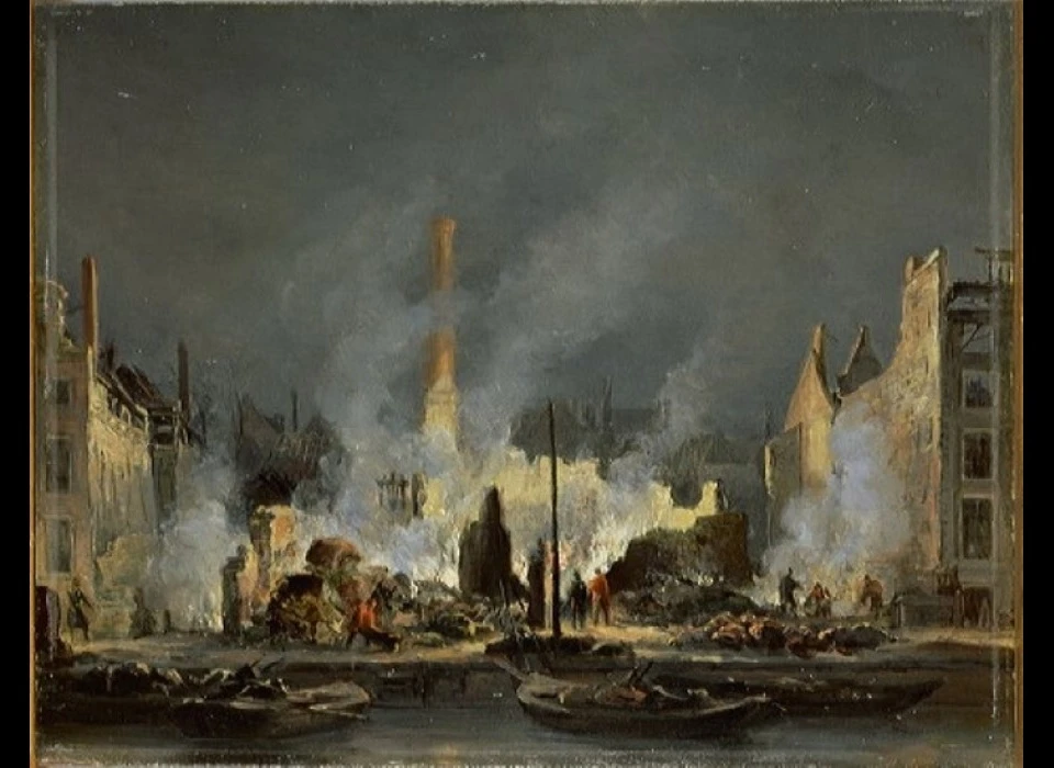 1845 Brand in suikerfabriek Het Paardehoofd van I.H. Rupe en Zoon de rokende puinhopen (tekening Rieke)