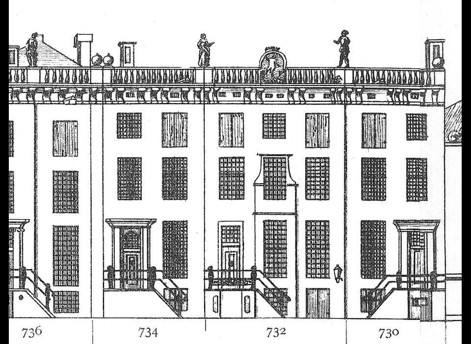 Keizersgracht 730-738 tekening Grachtenboek Caspar Philips (1768)