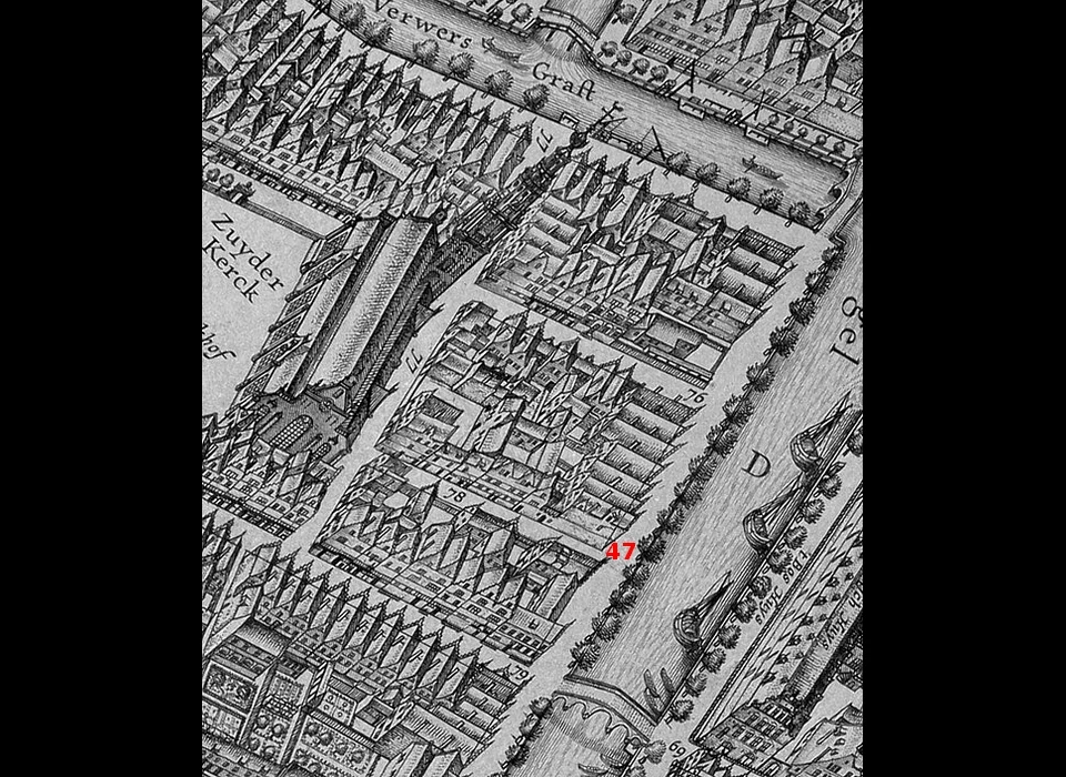 Kloveniersburgwal 47 op de plattegrond van Balthasar Florisz van 1625. D is Kloveniersburgwal, 
					  76 is de huidige Zandstraat op deze kaart als Bisschopsteeg benoemd, 77 is nu Zanddwarsstraat maar was de Santstraat en 78 is de Onkelboerensteeg