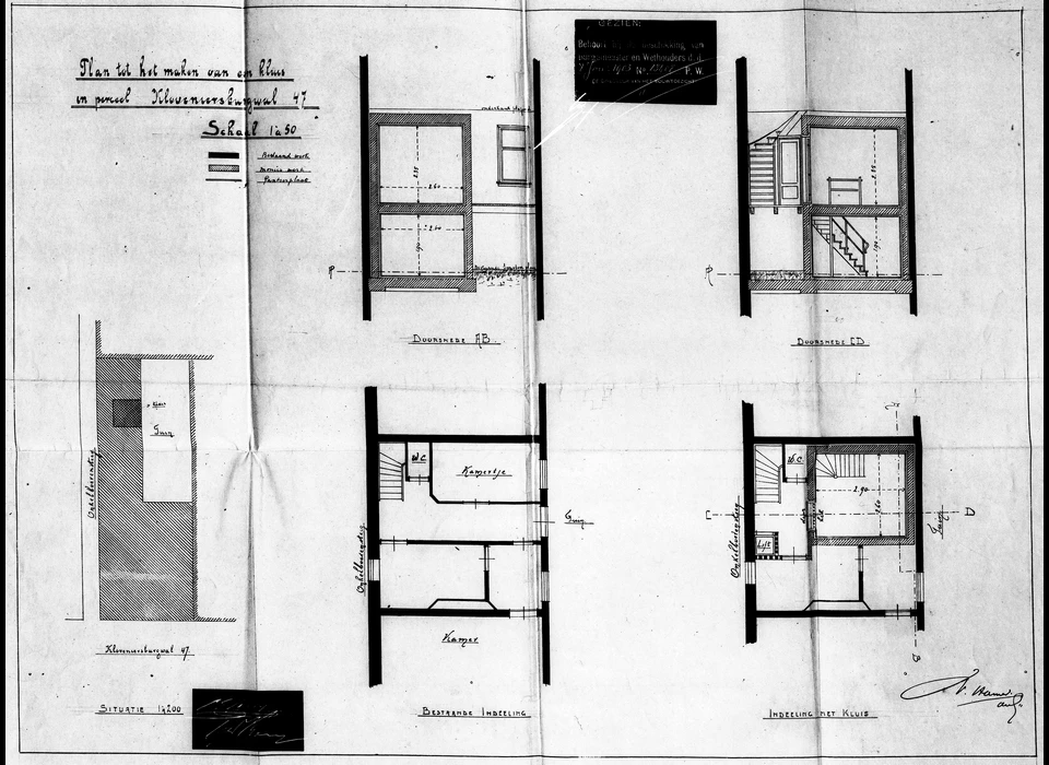 Kloveniersburgwal 47 bouwtekeningen waarop aangegeven waar de kluis moet komen (1903)