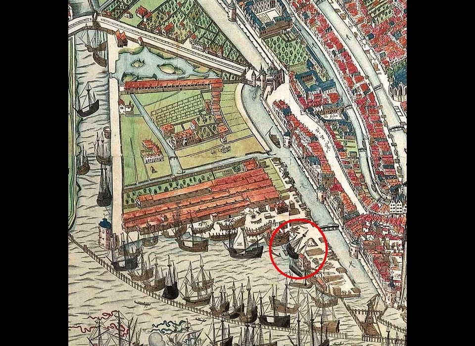 De Lastage op vogelvluchtkaart van Cornelis Antonisz met links de Oudeschans en rechts de Geldersekade. Omcirkeld de Kromme Waal nabij nr.13 (1544)