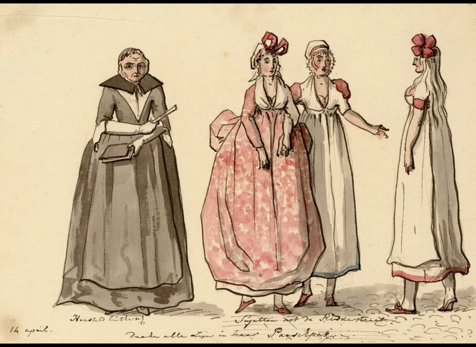 links Hersteld-Luthers vrouwtje rechts sujetten uit Ridderstraat allen in paaskleed