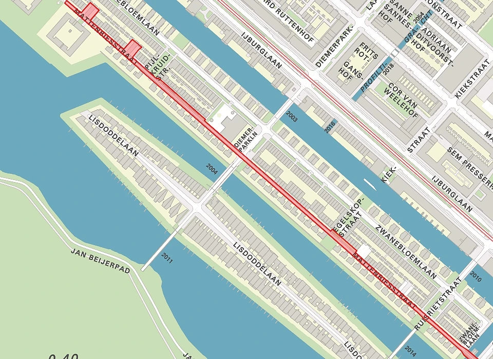 Mattenbiesstraat op de plattegrond