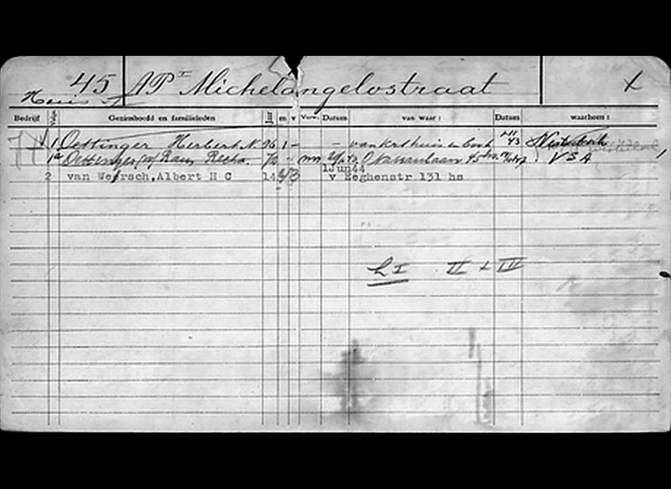 Michelangelostraat 45 woningkaart fam.Oettinger en Ettinghausen doorgehaald A.van Wersch nieuwe bewoner (1950)
