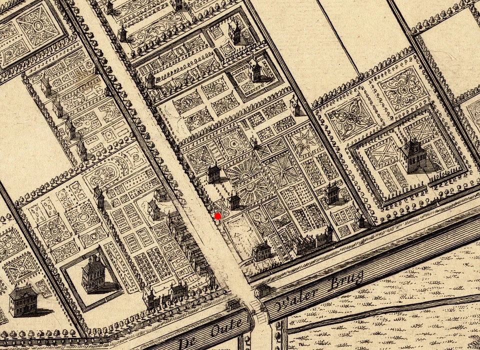 Watergraafsmeer de rode stip geeft ongeveer aan waar later het café Oost-Indië staat (Pieter van den Berge (1659-1737), 1719)