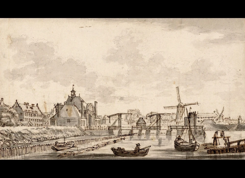 Muiderstraat, links de wal met 3de Sint Antoniespoort, in het midden de brug over de vestinggracht en wachthuisje, rechts de houten voorpoort. Achter de voorpoort het tweede bolwerk ten oosten van de Amstel met molen De Ruiter, later verplaatst naar bolwerk Outewaal. Rechtsachter het in 1656 gebouwde 's Lands Zeemagazijn (Ludolf Bakhuizen (1631-1708), 1660)