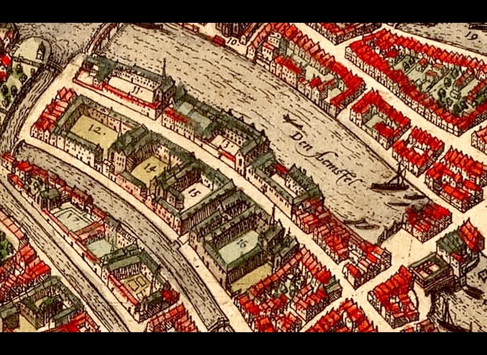 Op de plattegrond uit 1572 door Georg Braun en Franz Hogenberg zijn de kloosters genummerd 11 t/m 16. Naast 13 en tegenover 16 staat het Sint Pietersgasthuis.