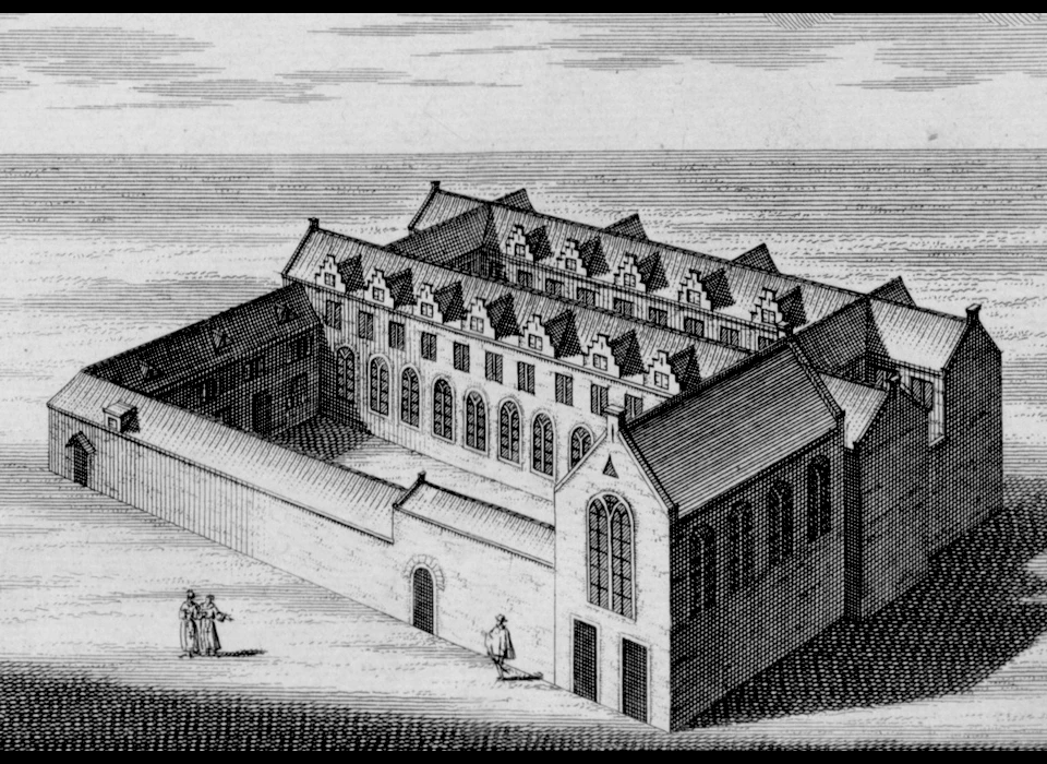 Nes 80-90 Cellebroedersklooster 1544 linksonder is de Nes op een tekening uit 1725