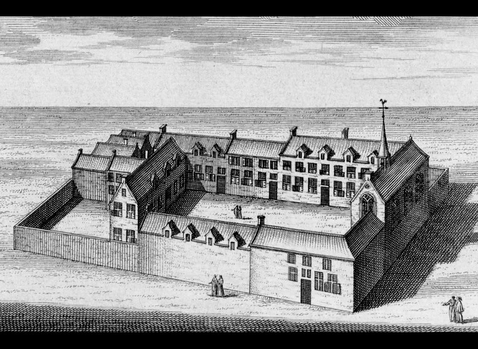 Nes 104-128 Sint Mariaklooster 1544 linksonder is de Nes op een tekening uit 1725