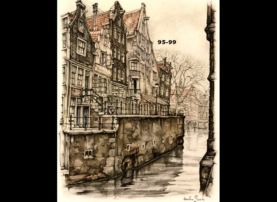 Nes 95-99 bij Grimnessesluis gezien vanaf Rokin naar Oudezijds Voorburgwal (Anton Pieck ca.1900)